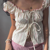 BXOXO Women Y2k Fairy Lace Shirts Cap Sleeve Button Down Lace Patchwork T-Shirts Aesthetic Babydoll Crop Tops Summer Streetwear